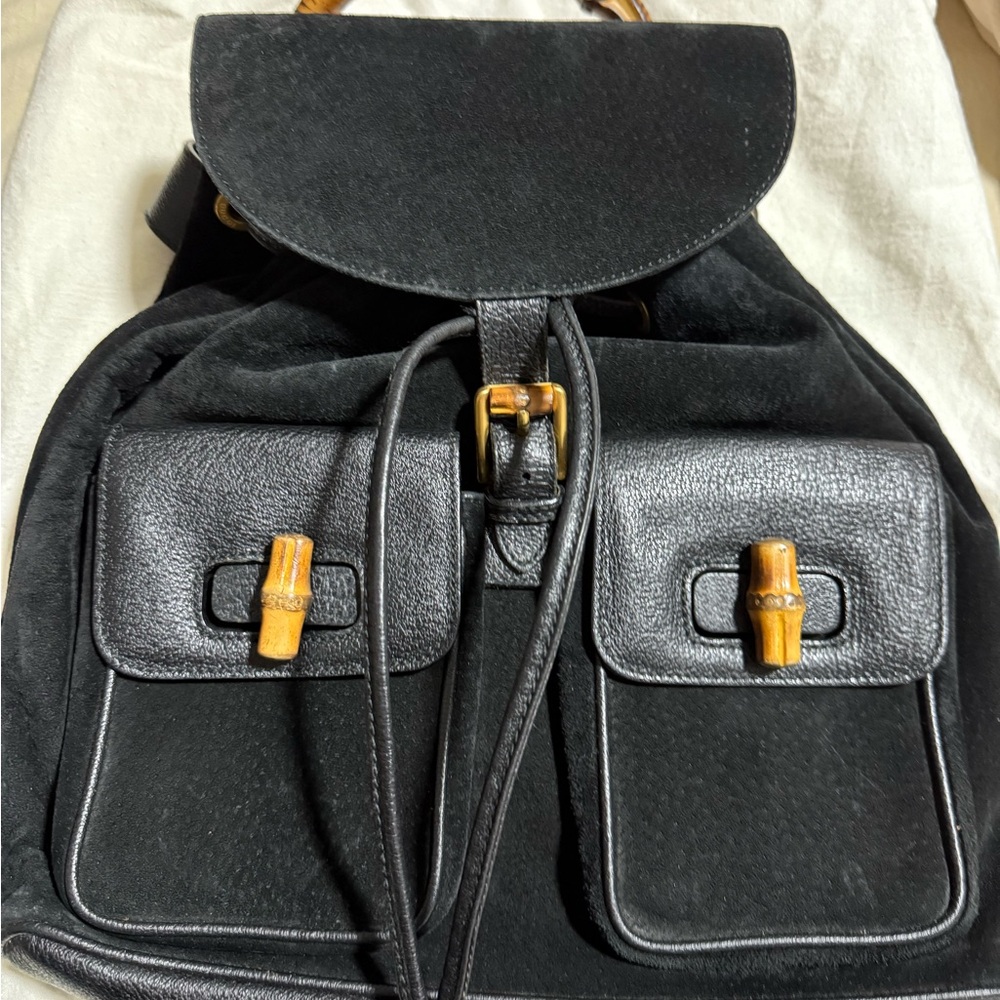 Authentic Vintage Gucci Black Backpack with Bamboo Accents